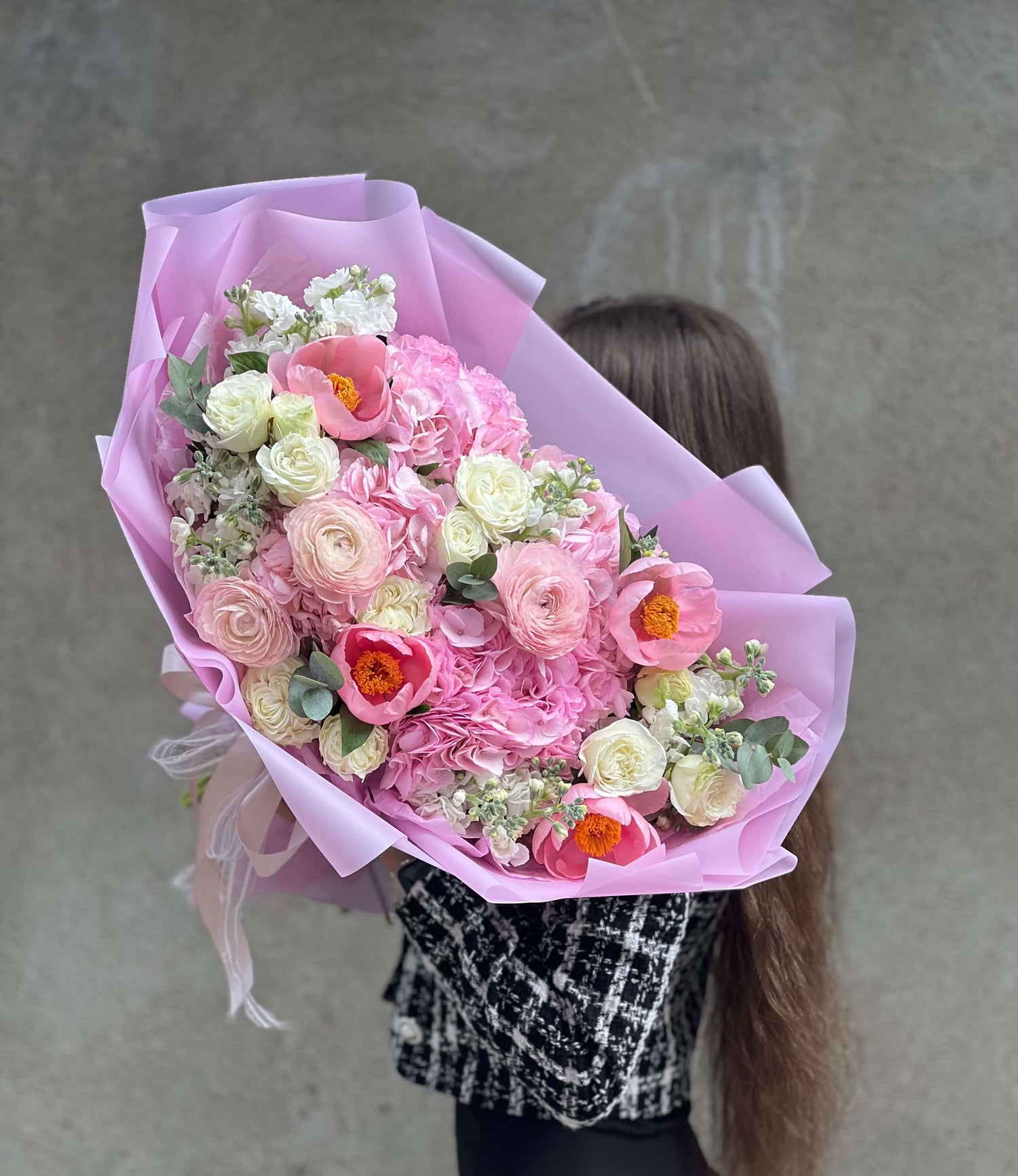Pink WOW bouquet with ranunculus, hydrangea, matthiola, peonies, and spray roses – exotic flower arrangement from Ruscus Flowers NYC