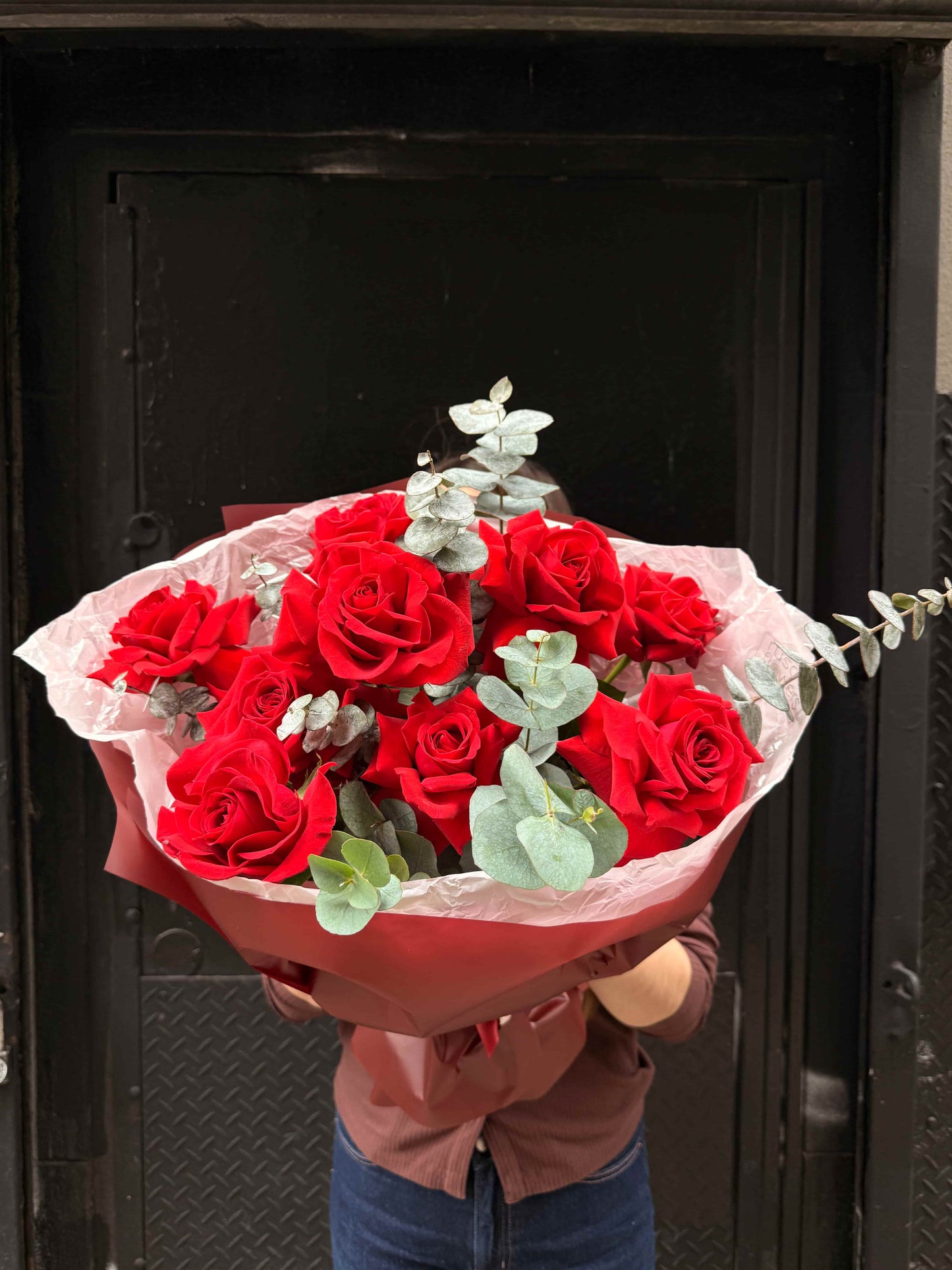 Small bouquet of French garden roses with eucalyptus