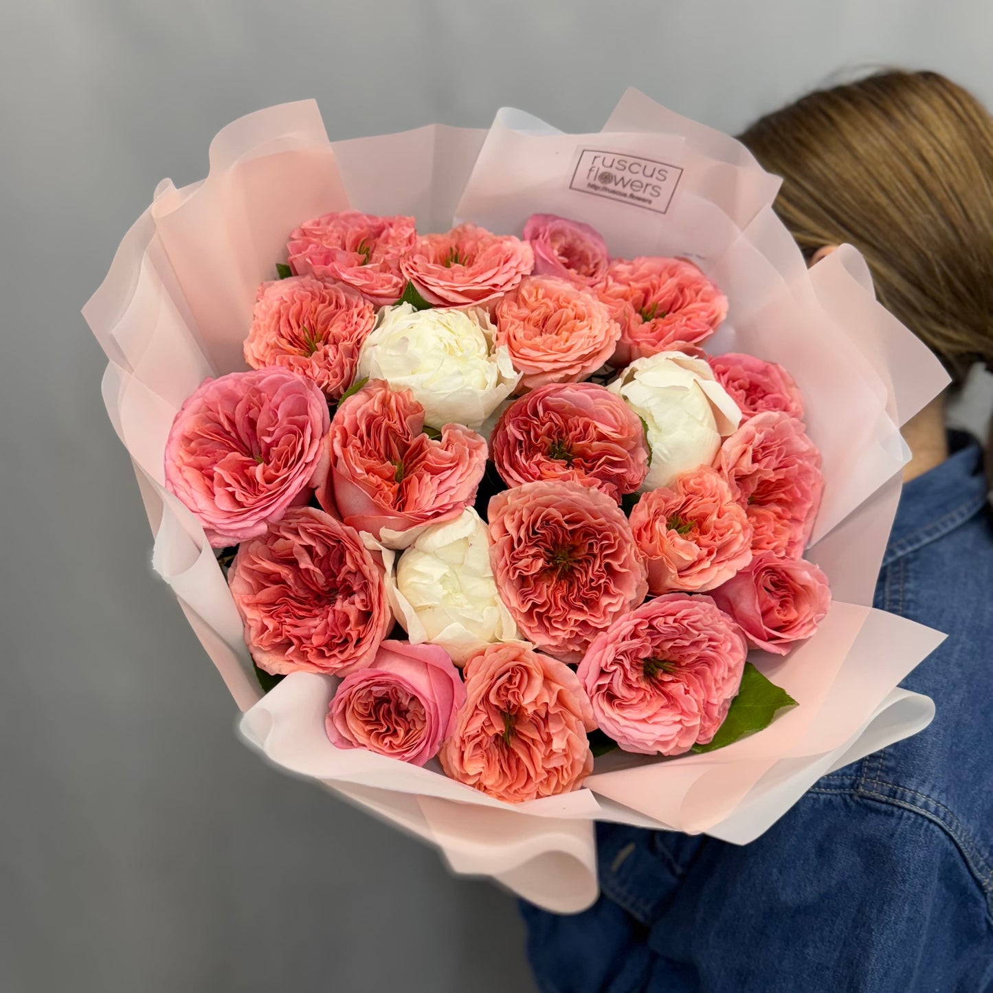 Soft blush bouquet with garden roses and pink peonies