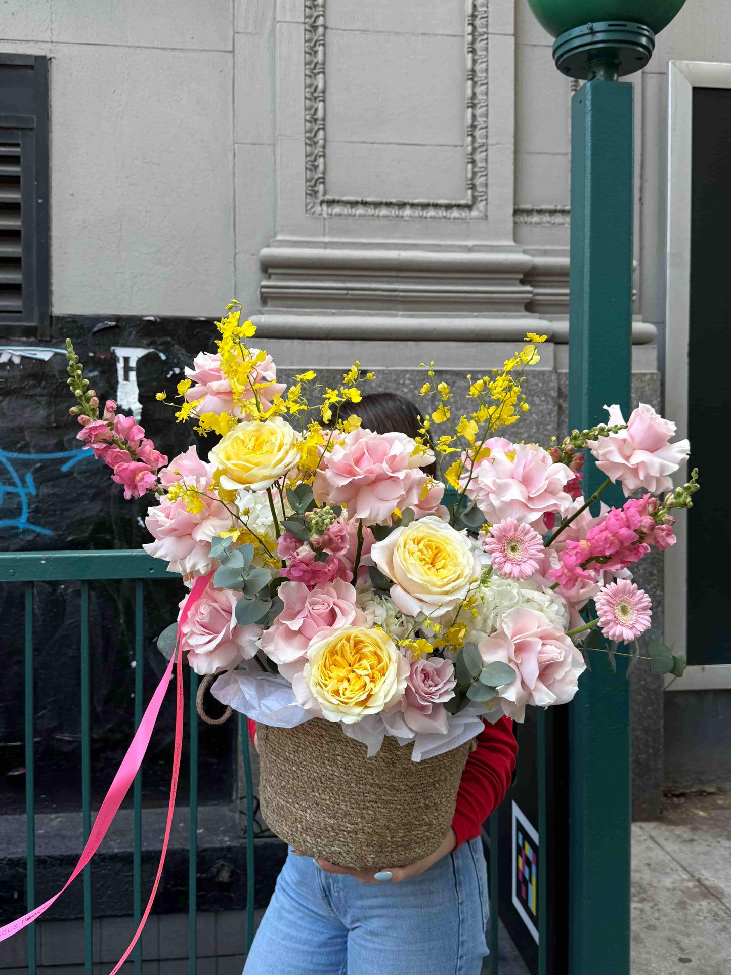 Luxury basket with French roses, hydrangeas and oncidium orchids