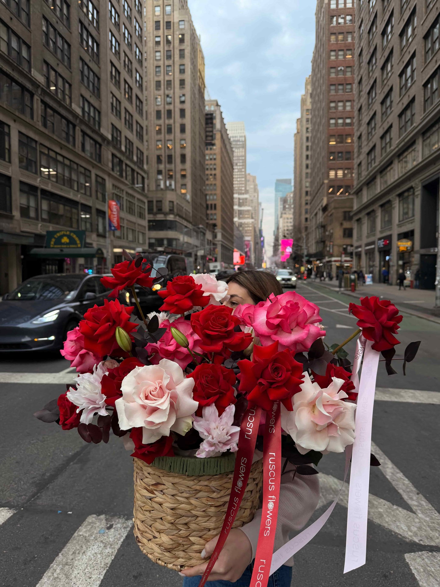 Basket filled with French garden roses