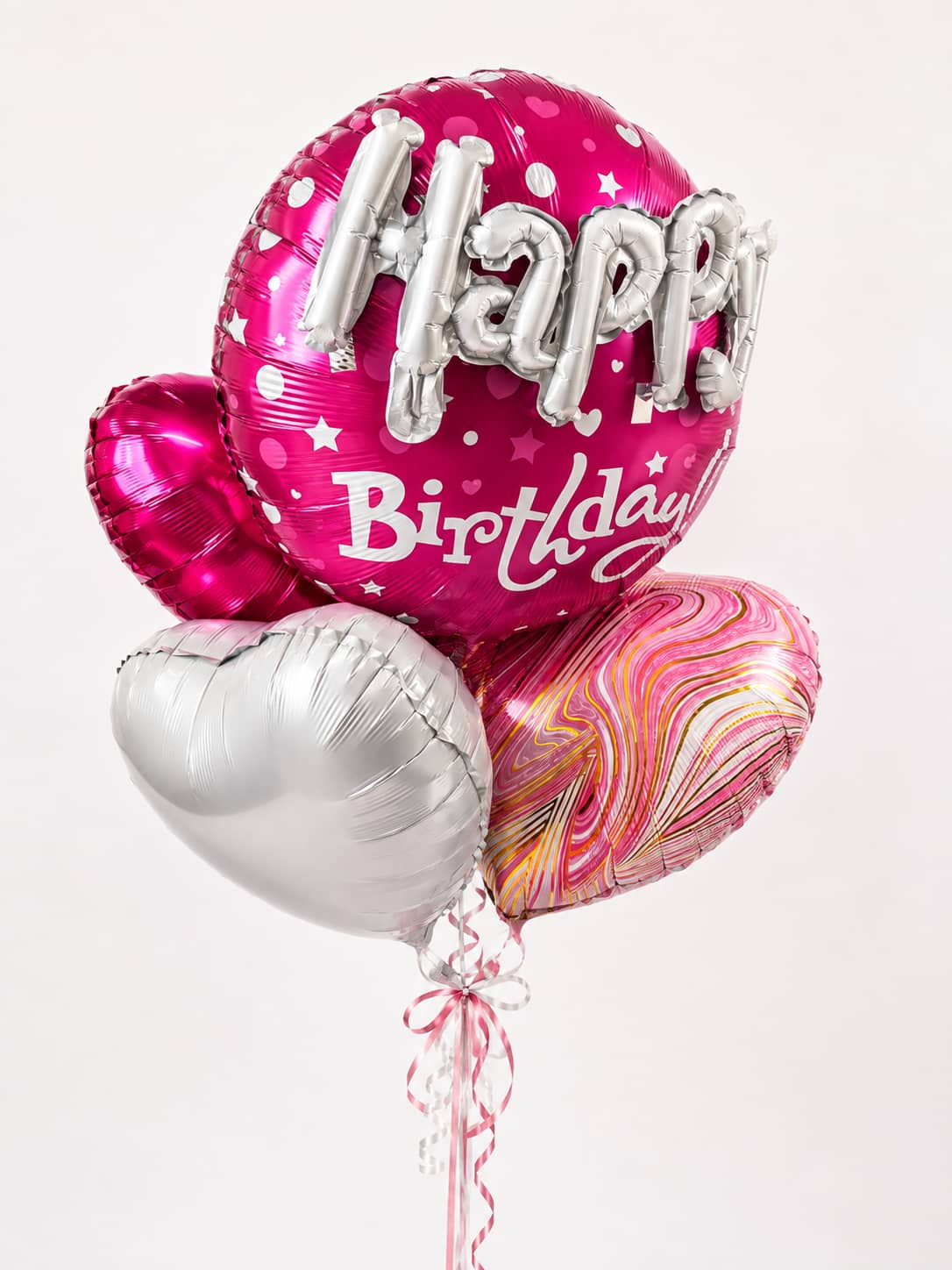 Pink Happy Birthday balloon set with silver and pink heart balloons
