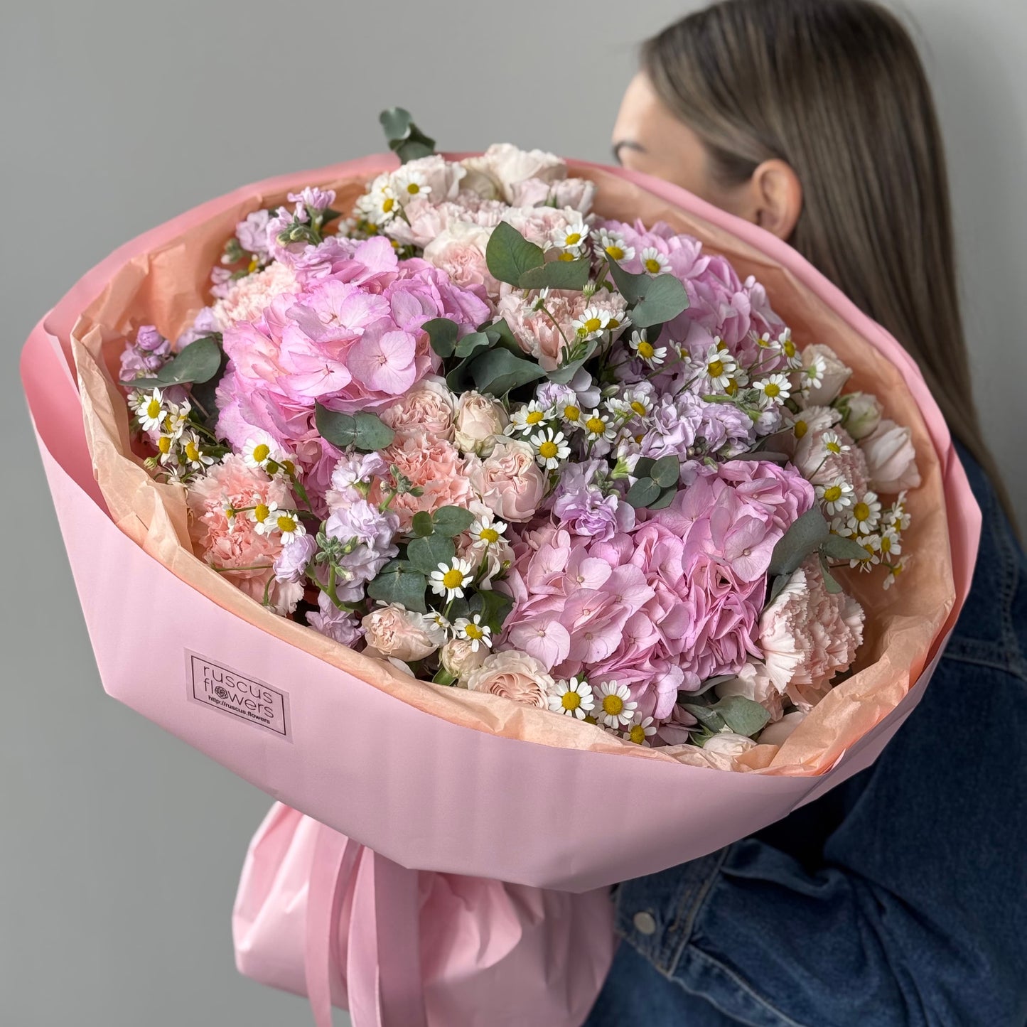 Mixed bouquet with hydrangea, chamomile, spray roses, carnations, and stock