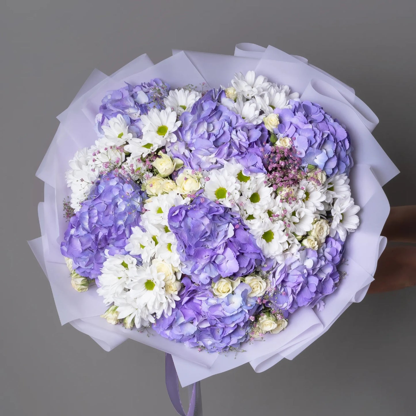 Hydrangea bouquet with white spray roses, chrysanthemums, and gypsophila