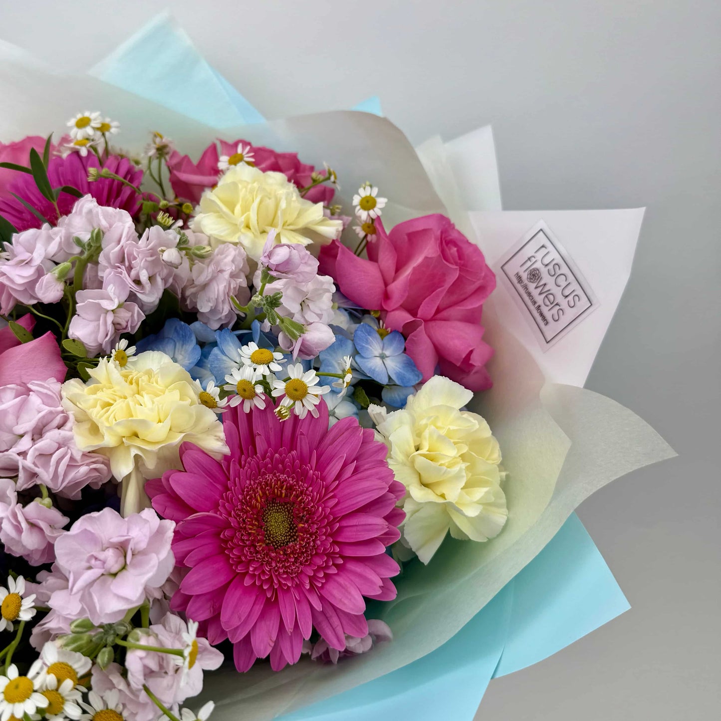 Close-up of soft floral mix with roses and hydrangeas