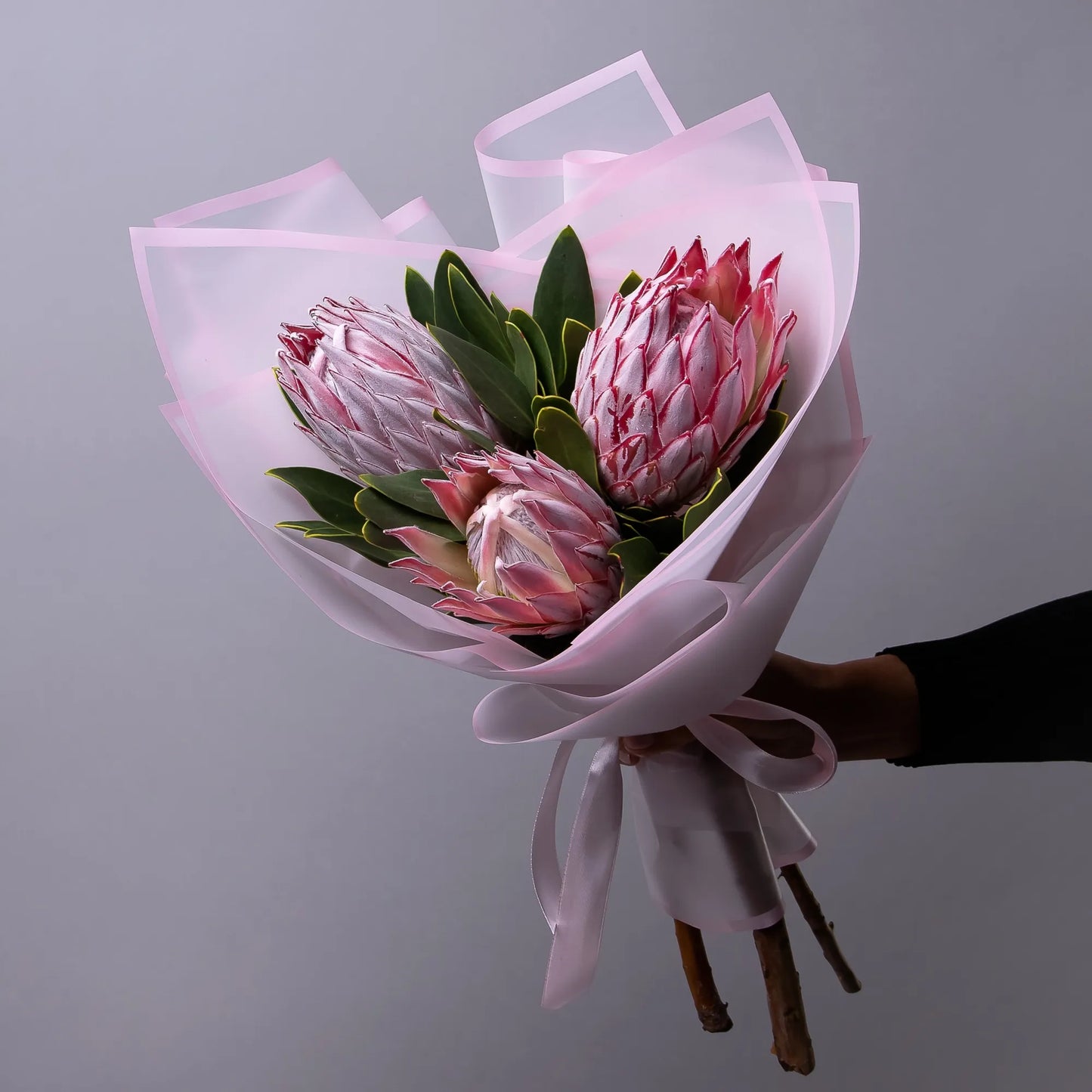 Bouquet of 3 pink proteas with greenery