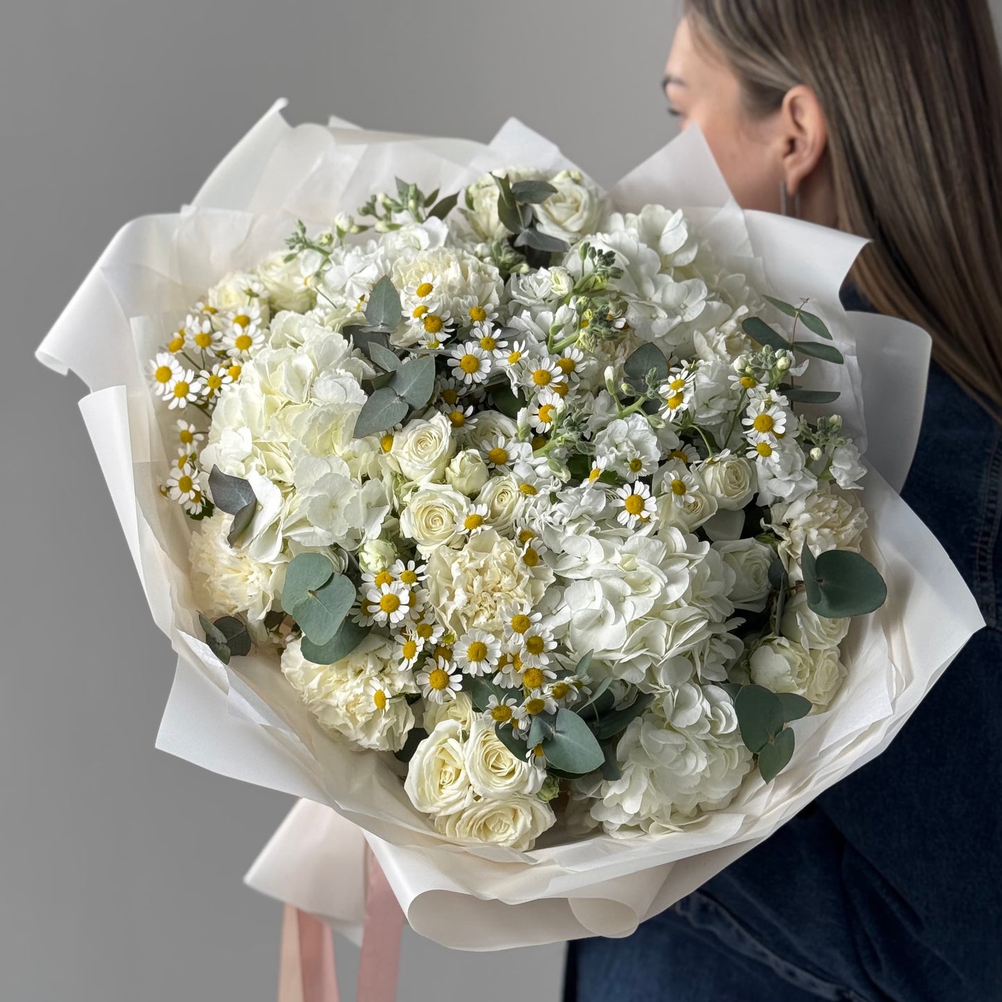 White bouquet with hydrangeas, chamomile, spray roses, stock, and carnations