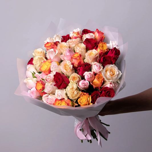 Bouquet of 51 mixed color long-stemmed roses