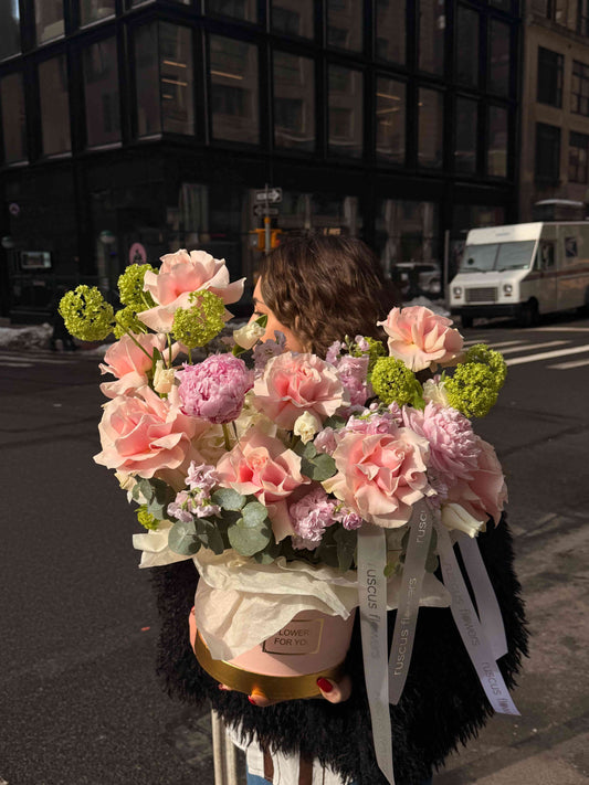 Luxury flower box with French roses, peonies and hydrangeas in blush tones