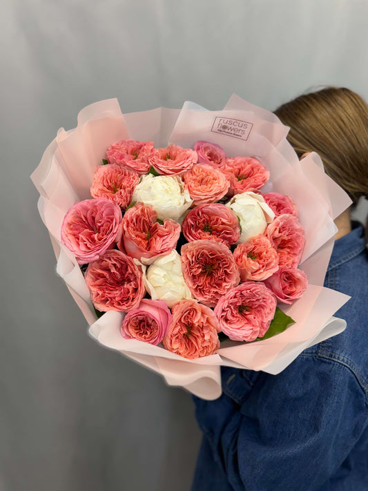 Soft blush bouquet with garden roses and pink peonies