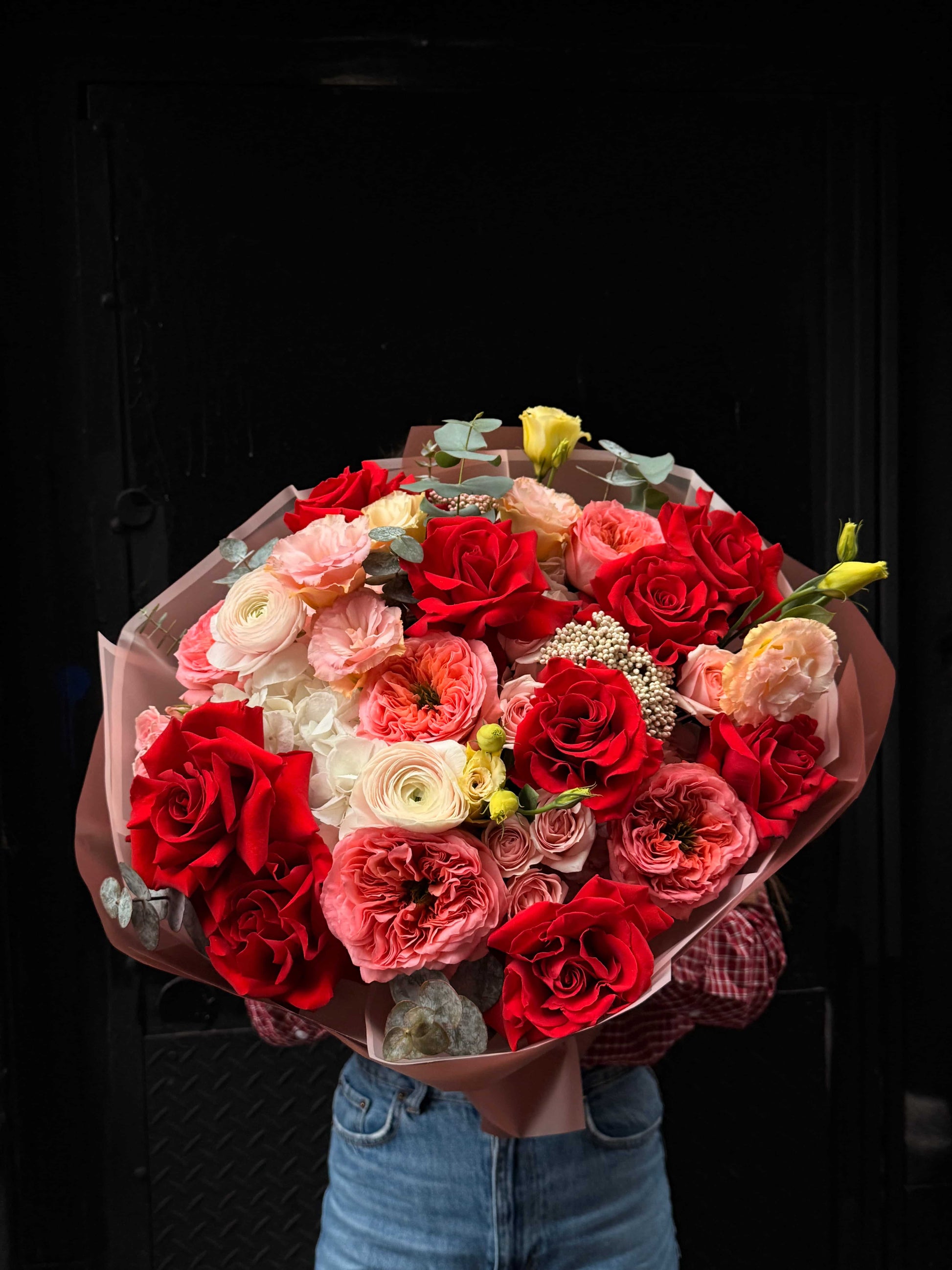 French roses, hydrangeas, lisianthus and ranunculus bouquet