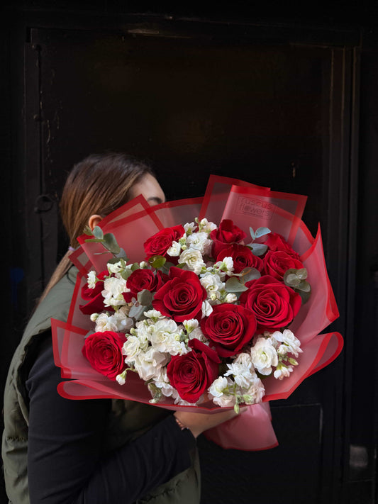 Romantic bouquet with spray roses and fragrant stock