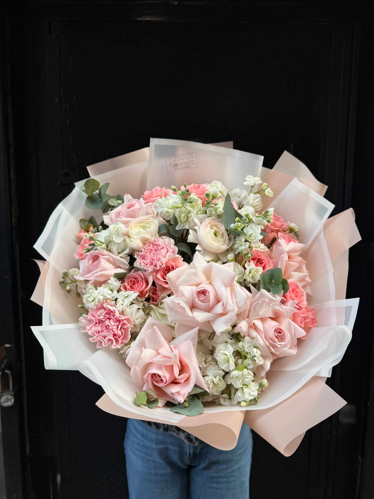Pastel bouquet with garden roses, hydrangeas and stock
