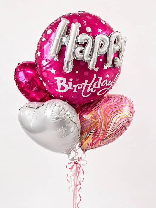 Pink Happy Birthday balloon set with silver and pink heart balloons
