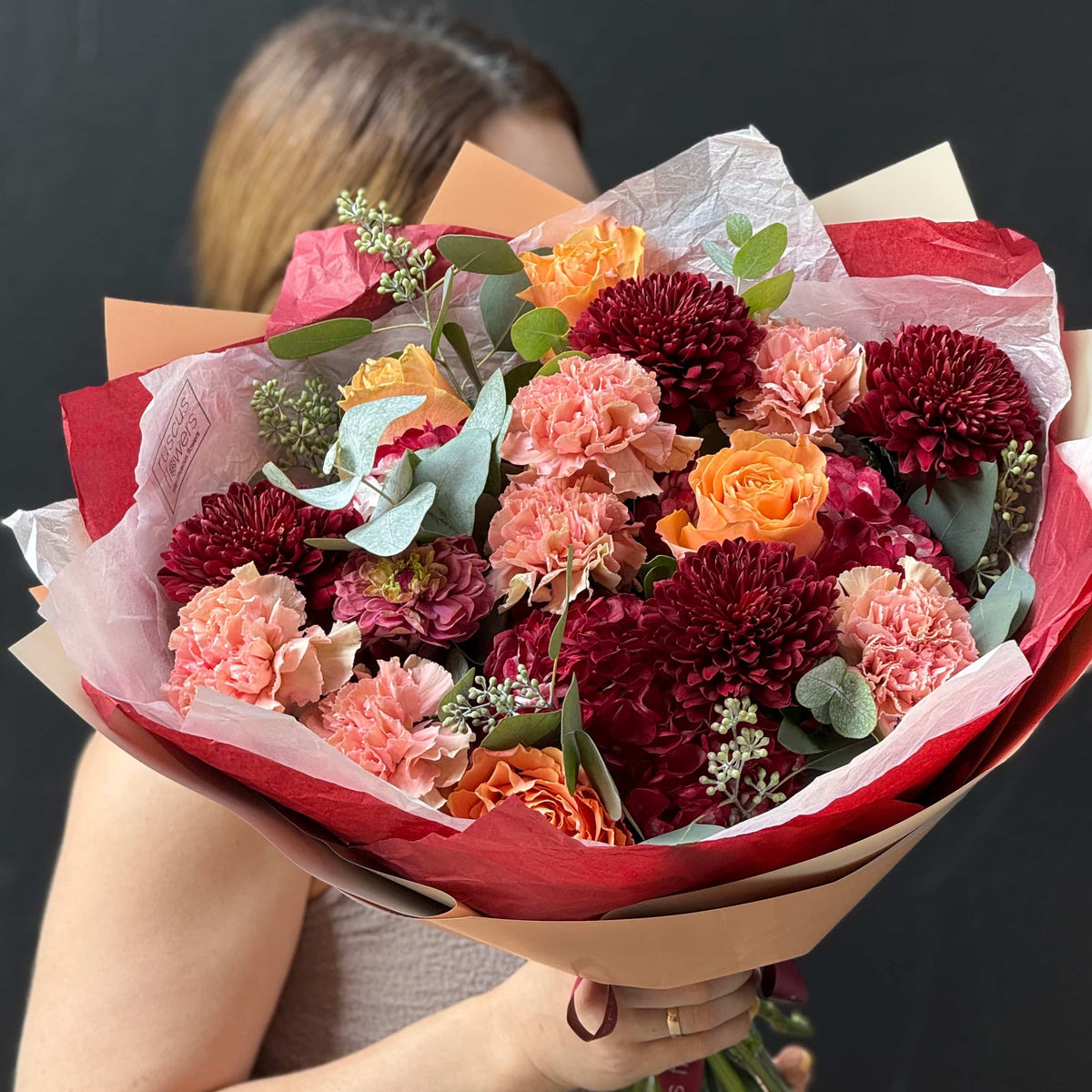 Colorful bouquet with hydrangea, roses, chrysanthemums and carnations.
