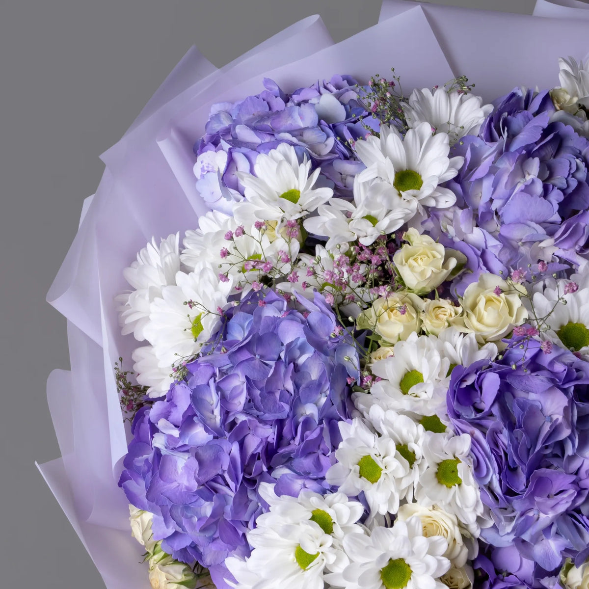 Close-up of hydrangeas, spray roses, and chrysanthemums in bouquet