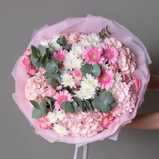 Bouquet with hydrangeas, spray roses, chrysanthemums, and gerbera