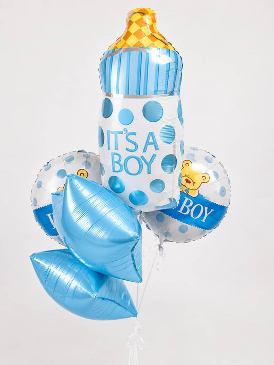 Blue It’s a Boy balloon set with baby bottle and foil balloons