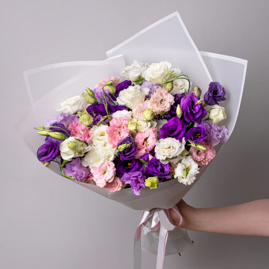 Bouquet of 24 mixed-color lisianthus flowers with greenery