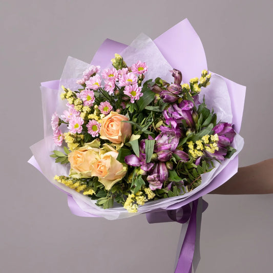 Bouquet with roses, alstroemeria, chrysanthemums, and greenery