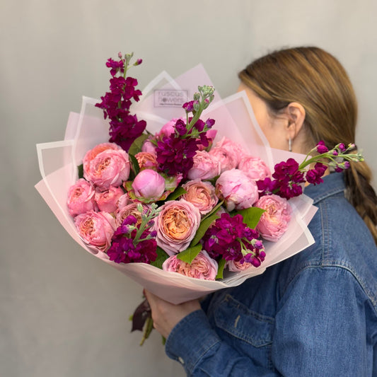 Bouquet with peonies, stock, and spray roses