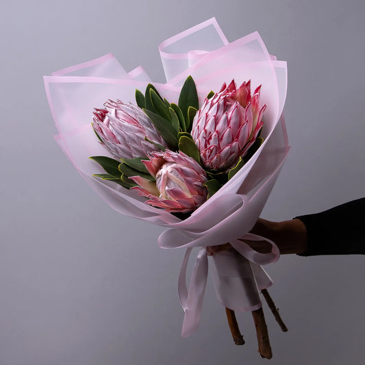 Bouquet of 3 pink proteas with greenery