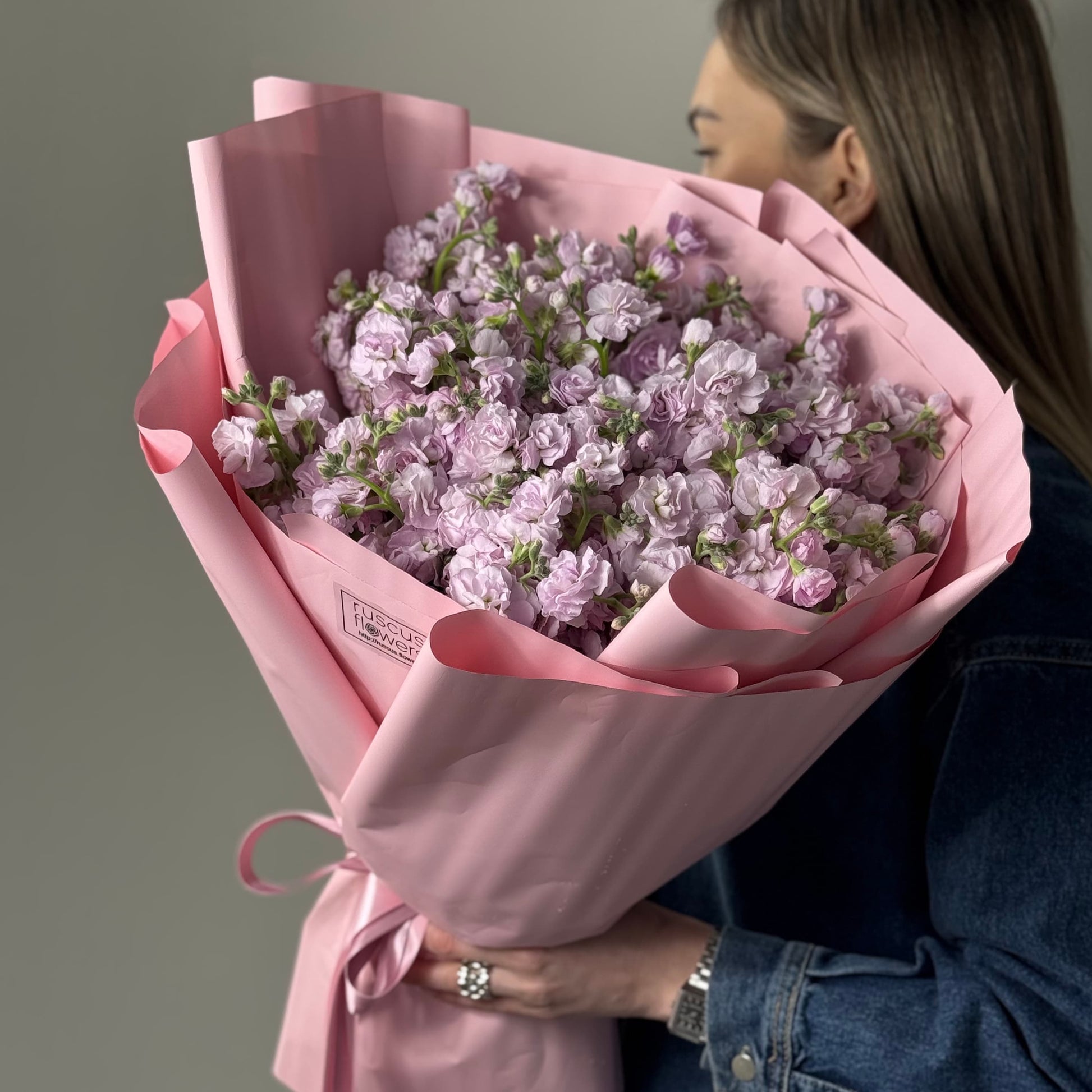 Bouquet of 12 pink stock (matthiola) stems with greenery