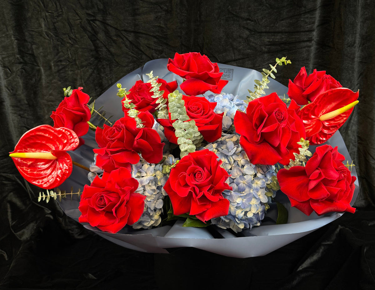 Blue Red Roses Red Roses & Blue Hydrangea Luxe Fusion Arrangement – Luxury Modern ...