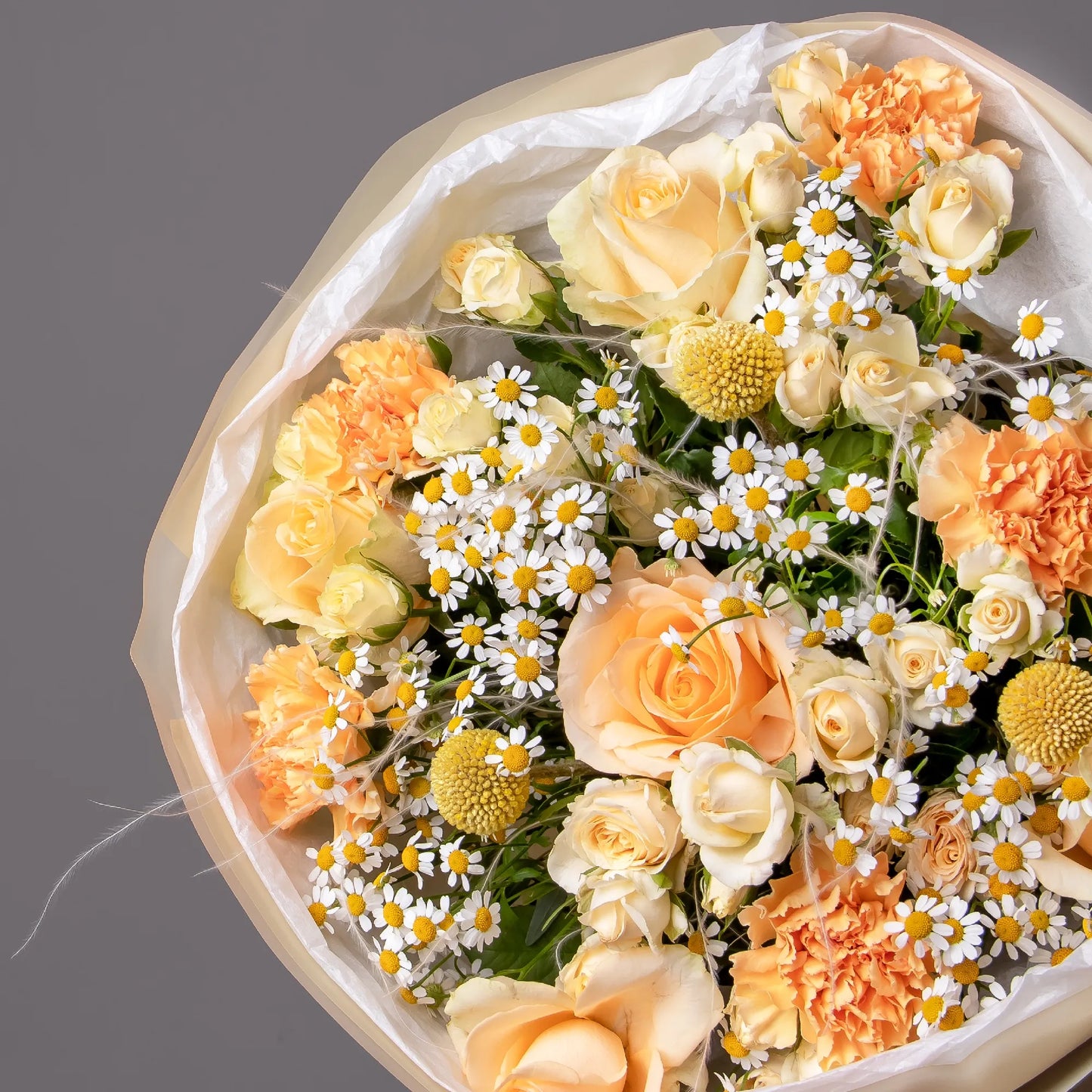 Close-up of roses and chamomile in bright sunny bouquet