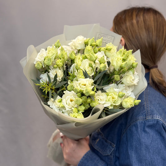 White lisianthus bouquet with eucalyptus and fern greenery
