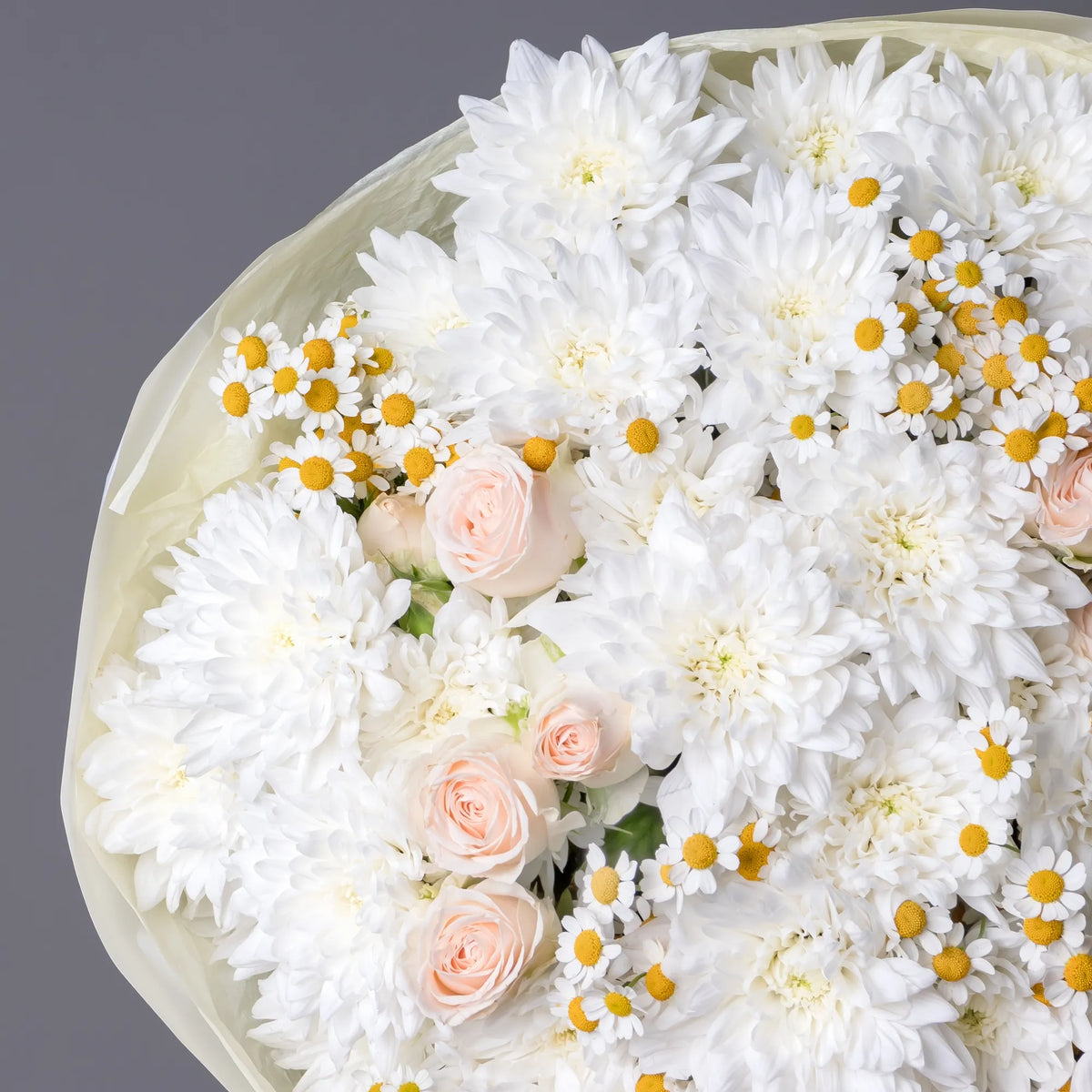 Close-up of white chamomile and chrysanthemums with spray roses