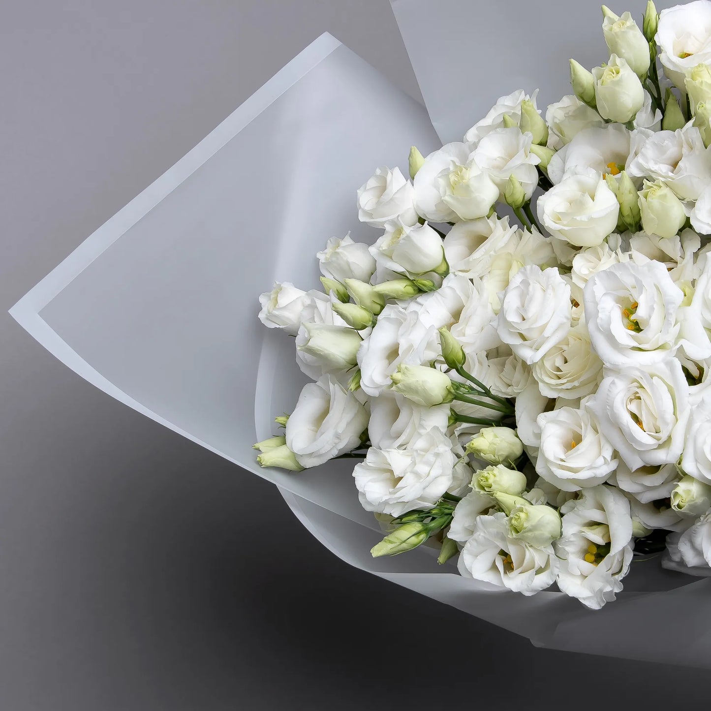 Close-up of white lisianthus flowers in elegant bouquet