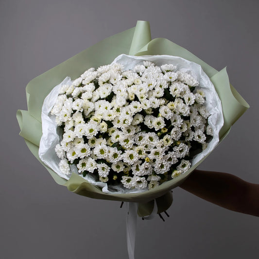 Bouquet of 20 white santini chrysanthemums with greenery
